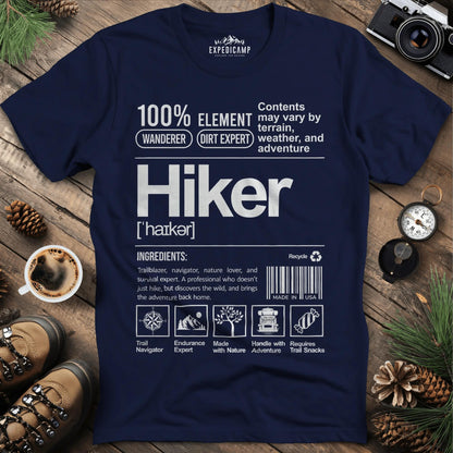 Hiker Label T-Shirt – Funny Hiking Ingredient Label Tee – Navy – Outdoor apparel for travel, hiking, camping, and nature lovers – ExpediCamp
