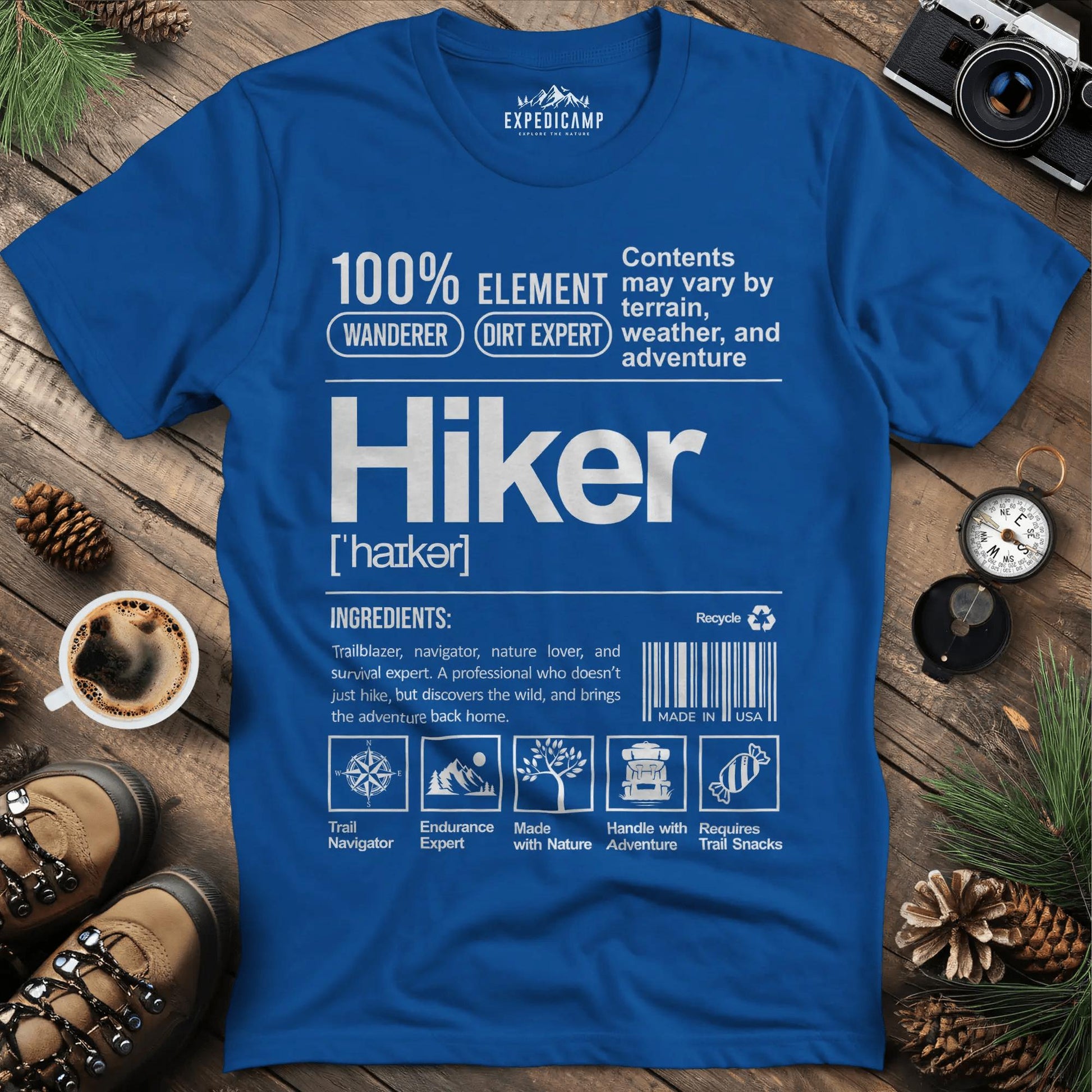 Hiker Label T-Shirt – Funny Hiking Ingredient Label Tee – Royal – Outdoor apparel for travel, hiking, camping, and nature lovers – ExpediCamp