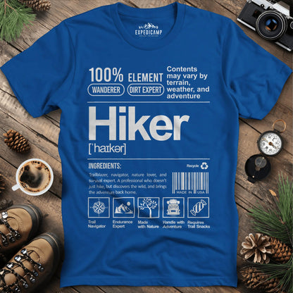 Hiker Label T-Shirt – Funny Hiking Ingredient Label Tee – Royal – Outdoor apparel for travel, hiking, camping, and nature lovers – ExpediCamp