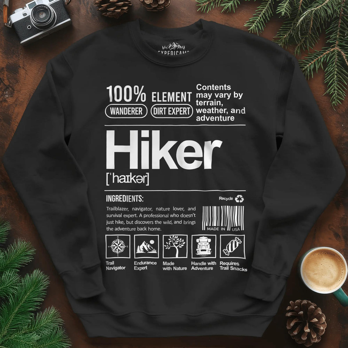 Hiker Sweatshirt – Funny Hiking Ingredient Label Sweatshirt – Black – Outdoor apparel for travel, hiking, camping, and nature lovers – ExpediCamp