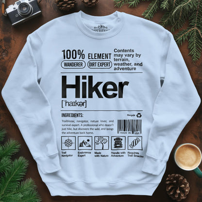Hiker Sweatshirt – Funny Hiking Ingredient Label Sweatshirt – Light Blue – Outdoor apparel for travel, hiking, camping, and nature lovers – ExpediCamp