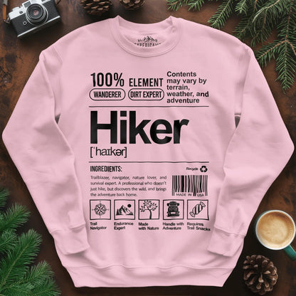 Hiker Sweatshirt – Funny Hiking Ingredient Label Sweatshirt – Light Pink – Outdoor apparel for travel, hiking, camping, and nature lovers – ExpediCamp