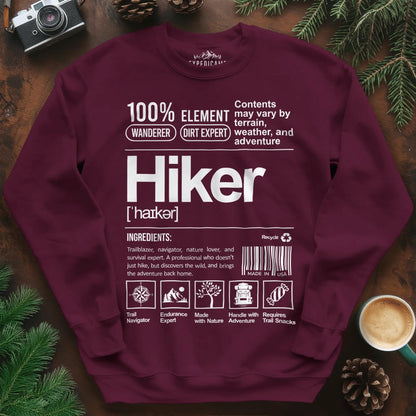 Hiker Sweatshirt – Funny Hiking Ingredient Label Sweatshirt – Maroon – Outdoor apparel for travel, hiking, camping, and nature lovers – ExpediCamp