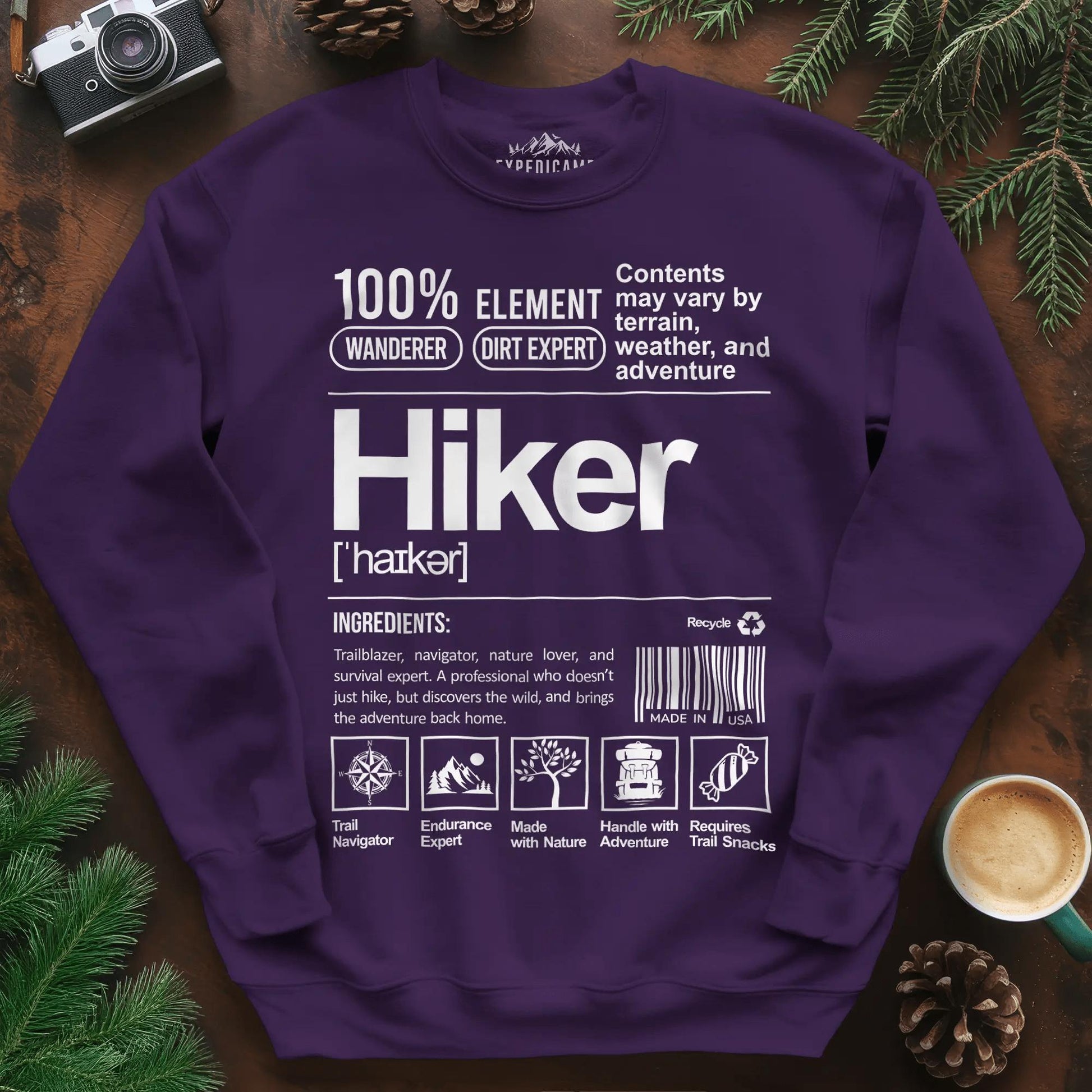 Hiker Sweatshirt – Funny Hiking Ingredient Label Sweatshirt – Purple – Outdoor apparel for travel, hiking, camping, and nature lovers – ExpediCamp