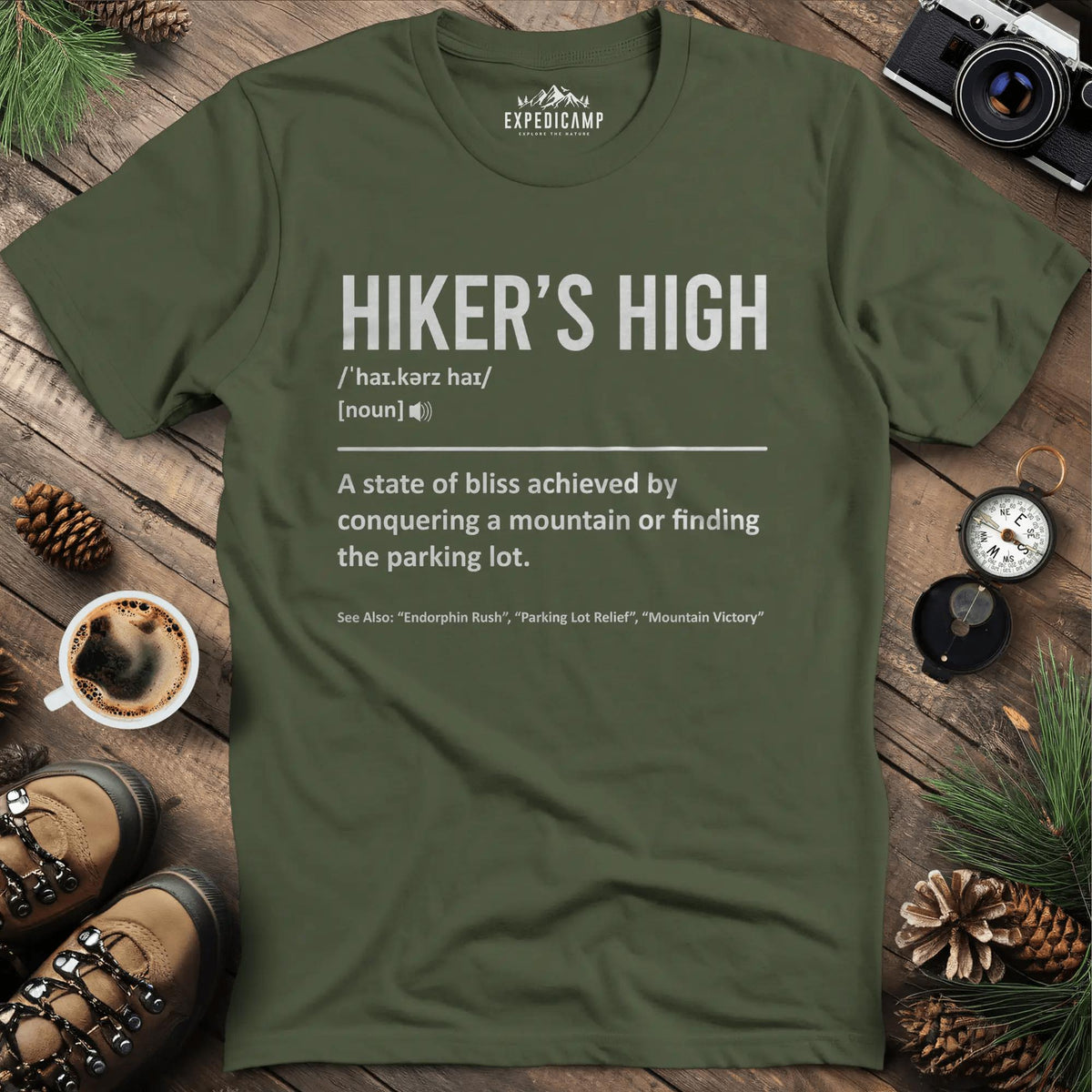 Hiker's High Definition T-Shirt – Military Green – Outdoor apparel for travel, hiking, camping, and nature lovers – ExpediCamp