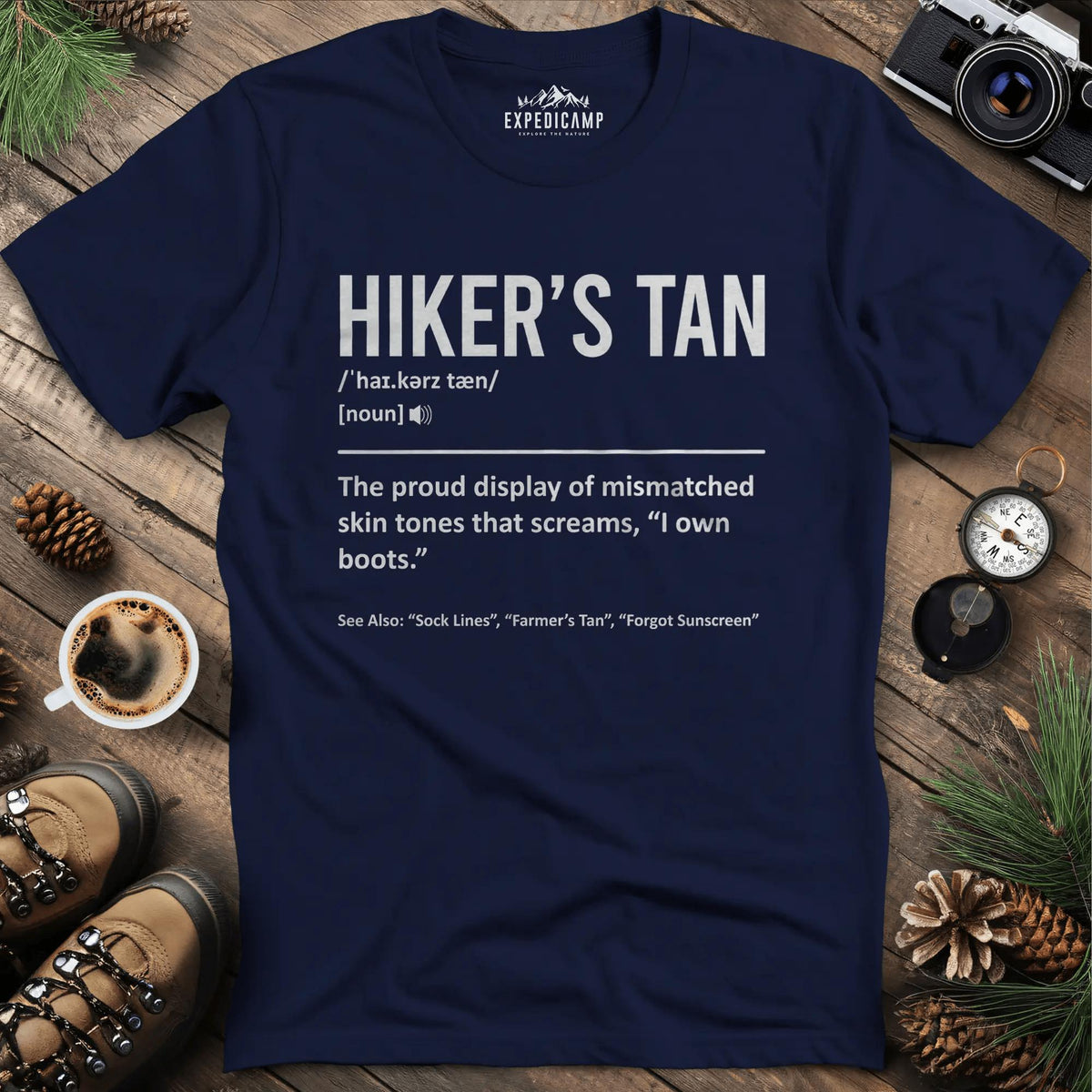 Hiker's Tan Definition T-Shirt – Navy – Outdoor apparel for travel, hiking, camping, and nature lovers – ExpediCamp