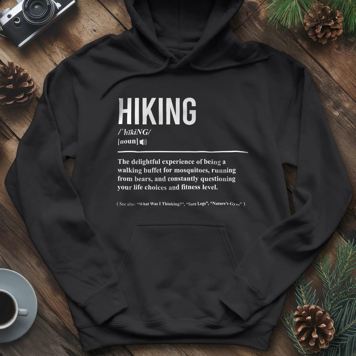 Hiking Definition Hoodie – Black – Outdoor apparel for travel, hiking, camping, and nature lovers – ExpediCamp