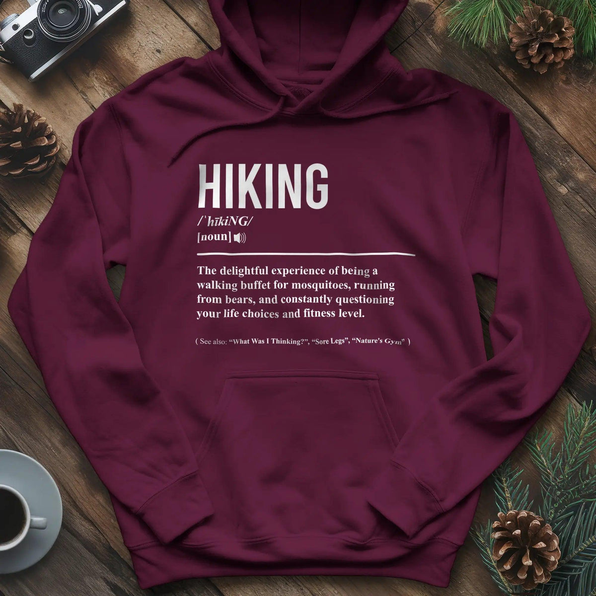 Hiking Definition Hoodie – Maroon – Outdoor apparel for travel, hiking, camping, and nature lovers – ExpediCamp