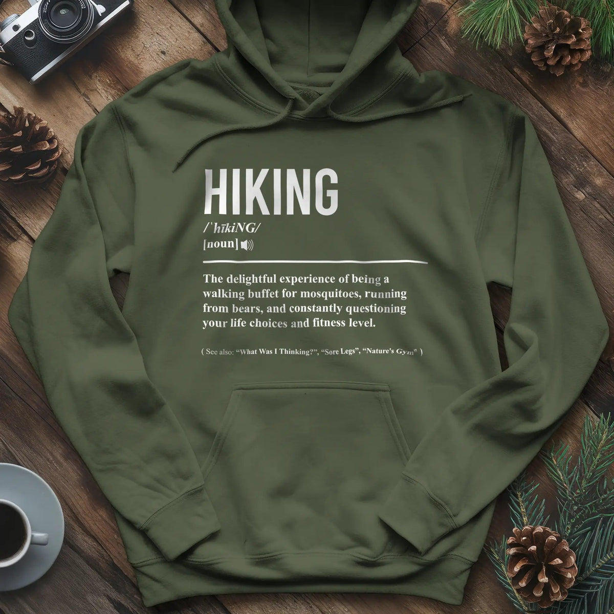 Hiking Definition Hoodie – Military Green – Outdoor apparel for travel, hiking, camping, and nature lovers – ExpediCamp