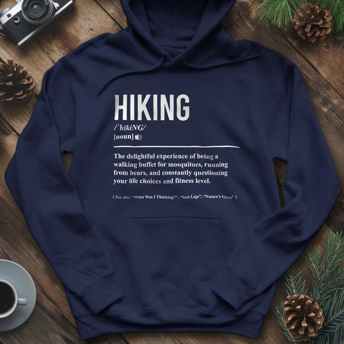Hiking Definition Hoodie – Navy – Outdoor apparel for travel, hiking, camping, and nature lovers – ExpediCamp