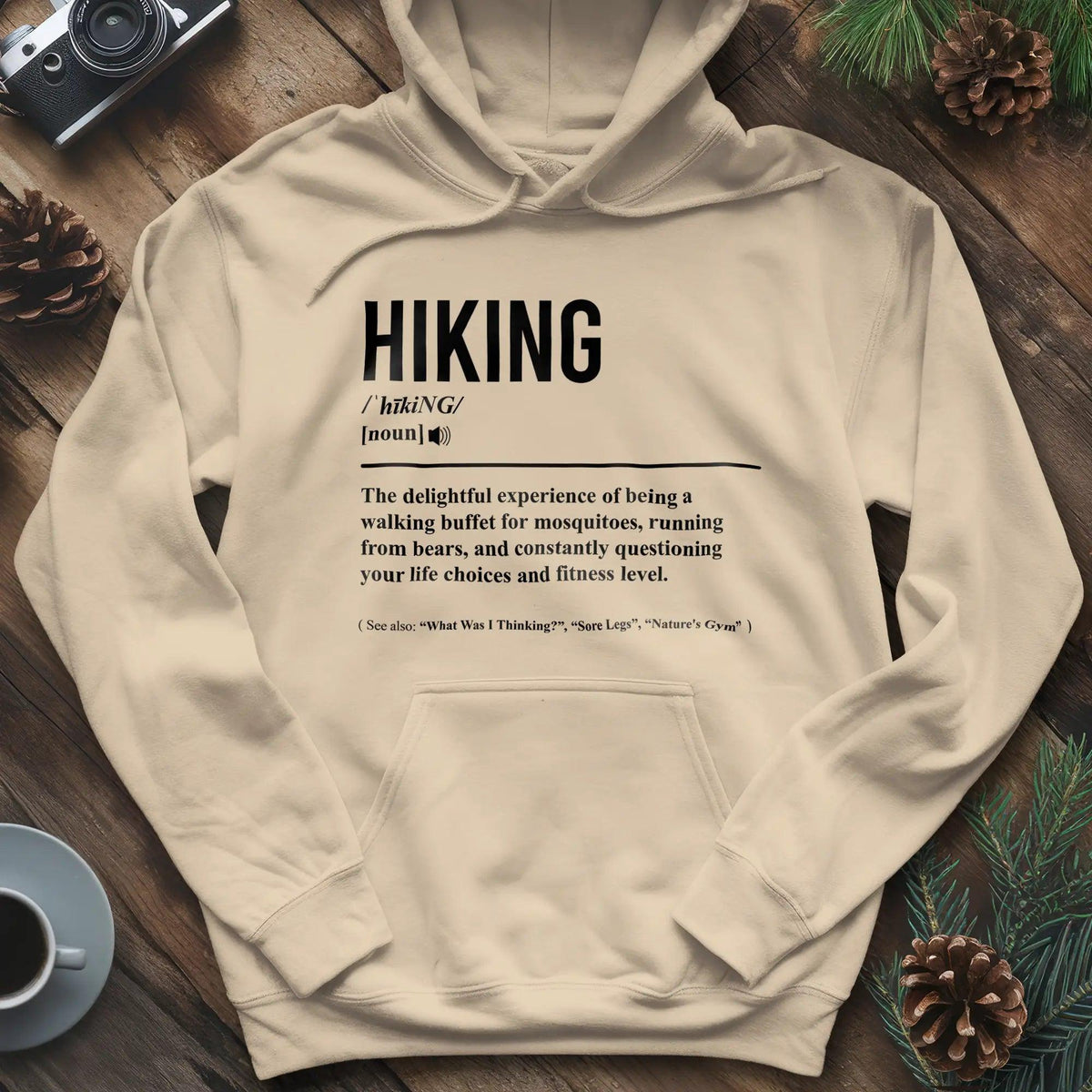 Hiking Definition Hoodie – Sand – Outdoor apparel for travel, hiking, camping, and nature lovers – ExpediCamp