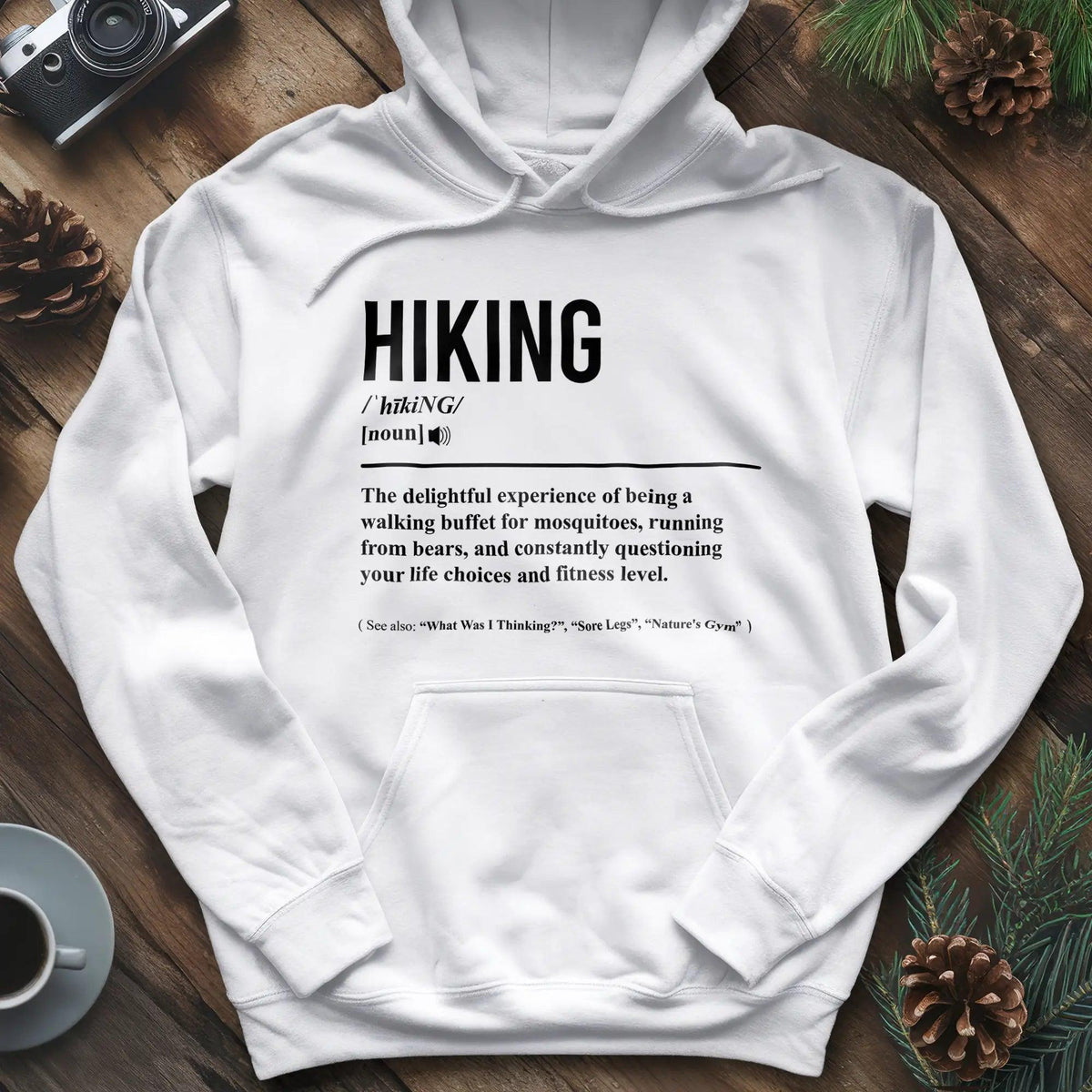Hiking Definition Hoodie – White – Outdoor apparel for travel, hiking, camping, and nature lovers – ExpediCamp
