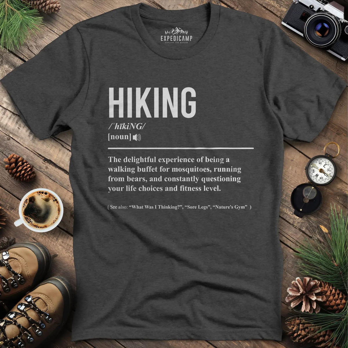 Hiking Definition T-Shirt – Dark Heather – Outdoor apparel for travel, hiking, camping, and nature lovers – ExpediCamp