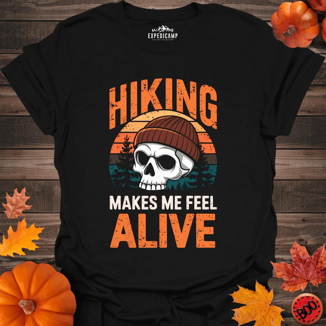 Hiking Makes Me Feel Alive T-Shirt – Black – Outdoor apparel for travel, hiking, camping, and nature lovers – ExpediCamp