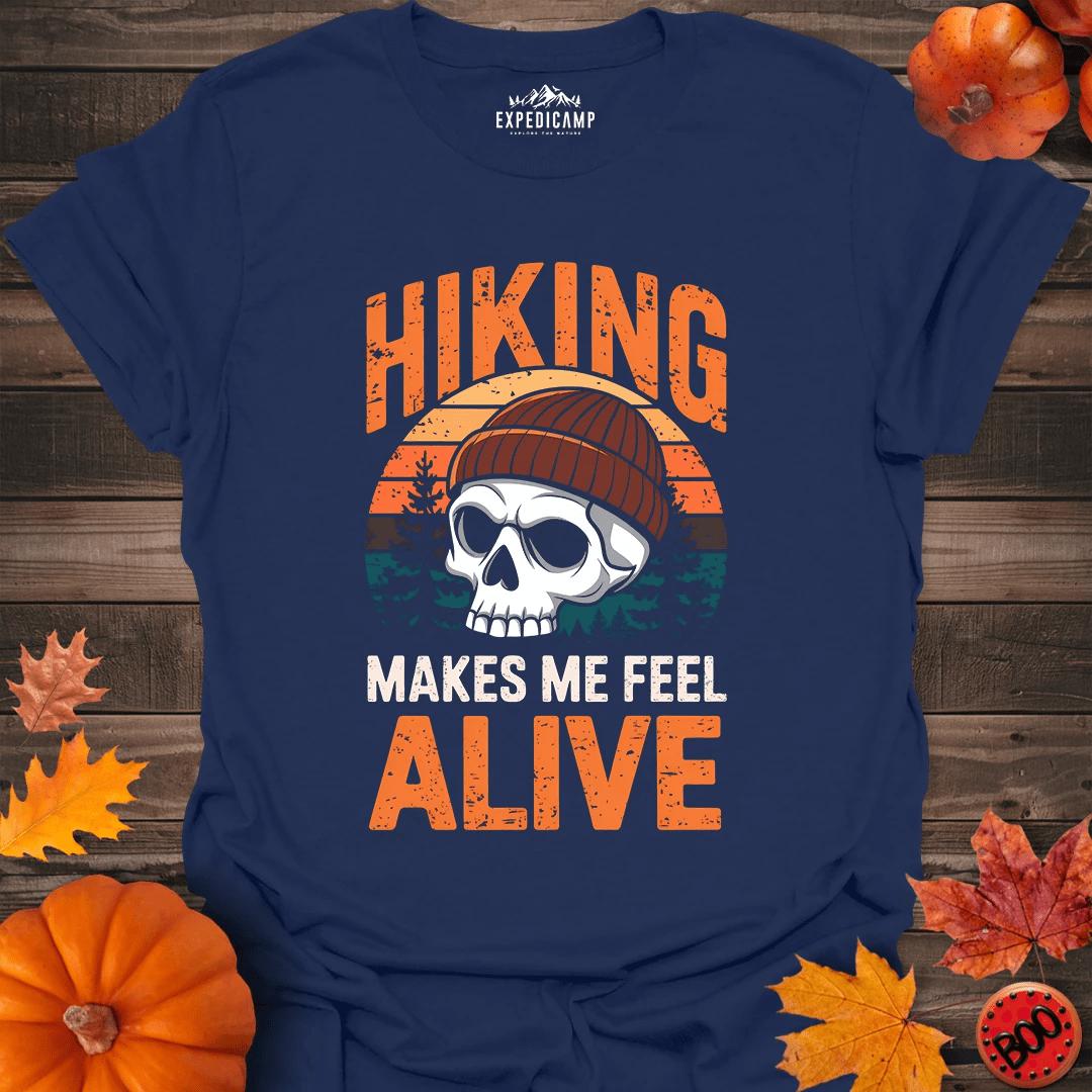 Hiking Makes Me Feel Alive T-Shirt – Navy – Outdoor apparel for travel, hiking, camping, and nature lovers – ExpediCamp