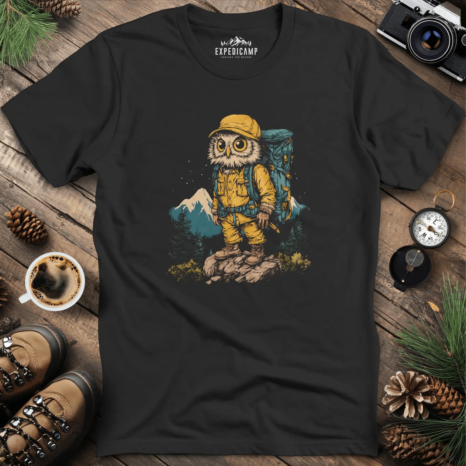 Hiking Owl T-Shirt – Wise Owl Mountain Adventure Graphic Tee – Black – Outdoor apparel for travel, hiking, camping, and nature lovers – ExpediCamp