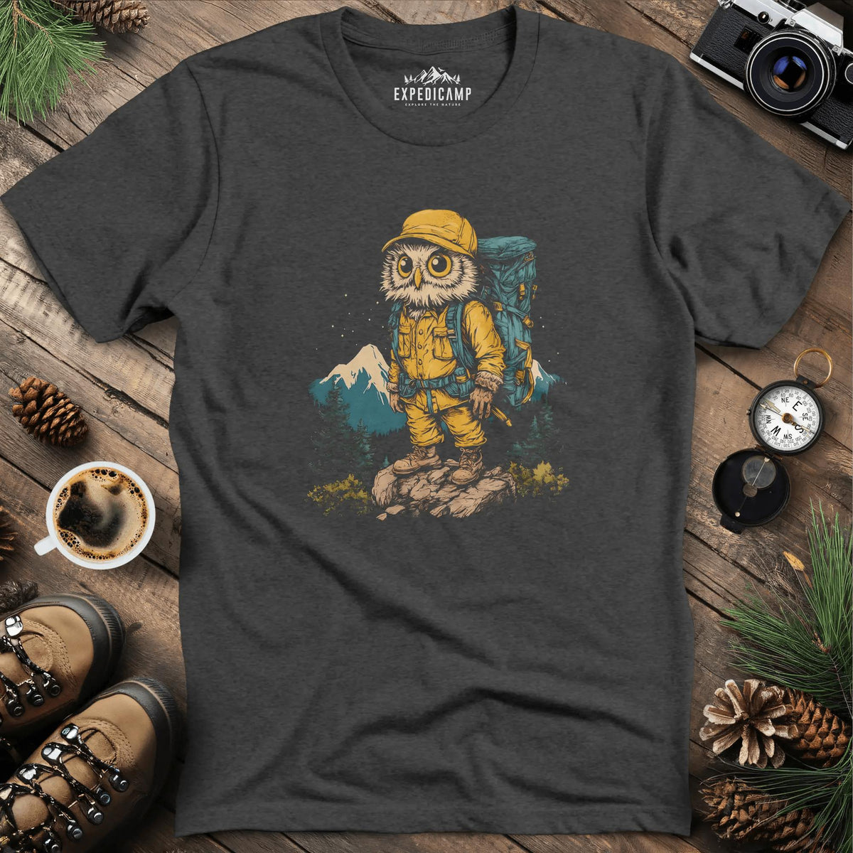 Hiking Owl T-Shirt – Wise Owl Mountain Adventure Graphic Tee – Dark Heather – Outdoor apparel for travel, hiking, camping, and nature lovers – ExpediCamp