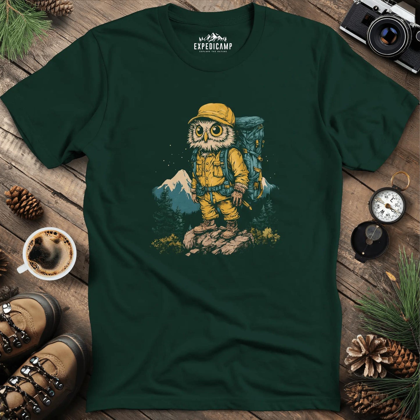 Hiking Owl T-Shirt – Wise Owl Mountain Adventure Graphic Tee – Forest Green – Outdoor apparel for travel, hiking, camping, and nature lovers – ExpediCamp