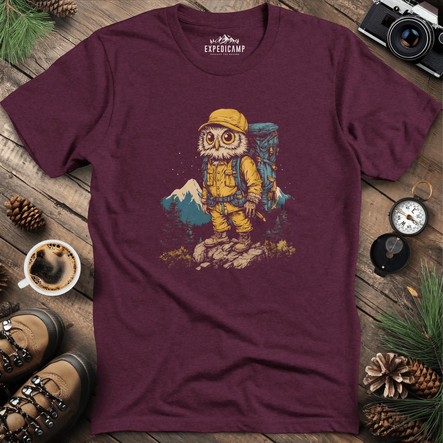 Hiking Owl T-Shirt – Wise Owl Mountain Adventure Graphic Tee – Heather Maroon – Outdoor apparel for travel, hiking, camping, and nature lovers – ExpediCamp