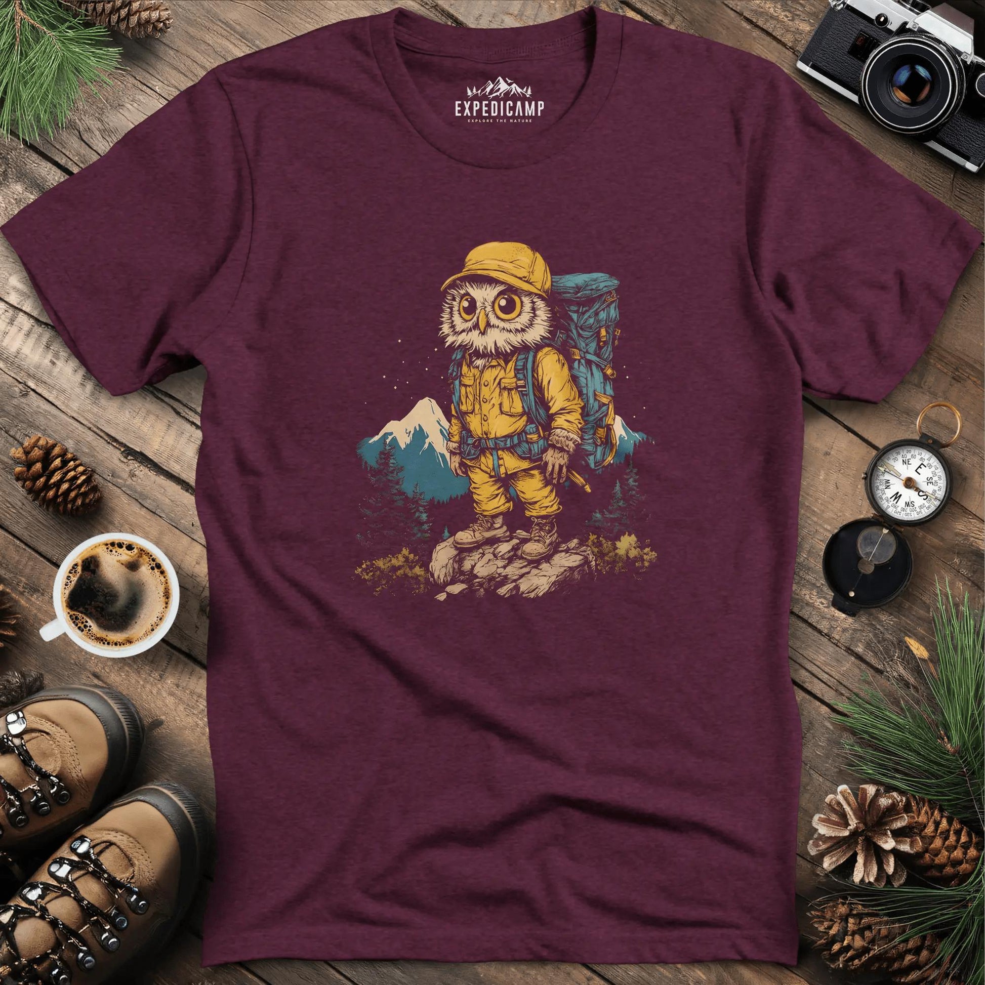 Hiking Owl T-Shirt – Wise Owl Mountain Adventure Graphic Tee – Heather Maroon – Outdoor apparel for travel, hiking, camping, and nature lovers – ExpediCamp