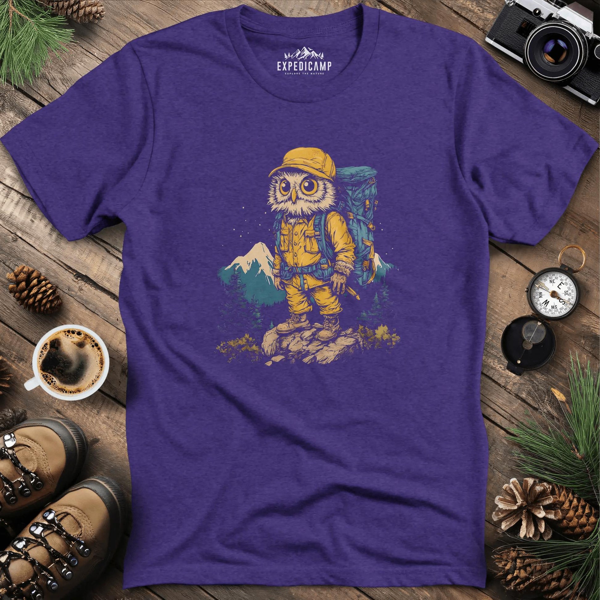 Hiking Owl T-Shirt – Wise Owl Mountain Adventure Graphic Tee – Heather Purple – Outdoor apparel for travel, hiking, camping, and nature lovers – ExpediCamp