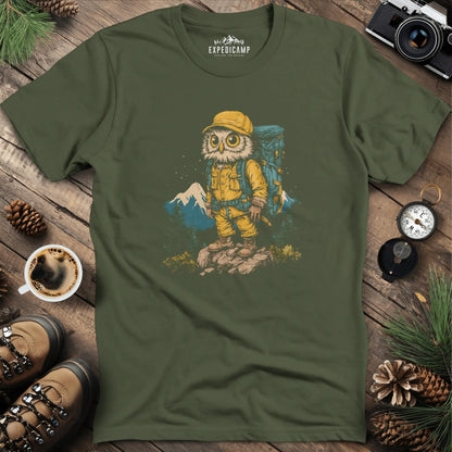 Hiking Owl T-Shirt – Wise Owl Mountain Adventure Graphic Tee – Military Green – Outdoor apparel for travel, hiking, camping, and nature lovers – ExpediCamp
