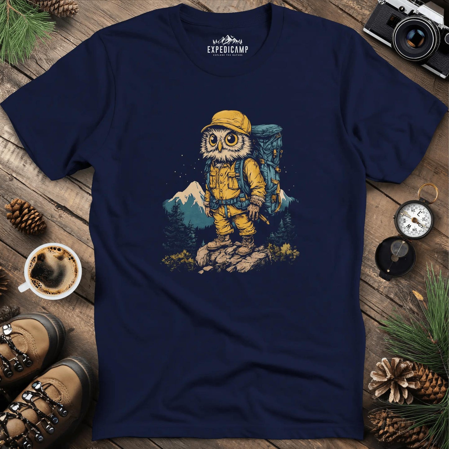 Hiking Owl T-Shirt – Wise Owl Mountain Adventure Graphic Tee – Navy – Outdoor apparel for travel, hiking, camping, and nature lovers – ExpediCamp