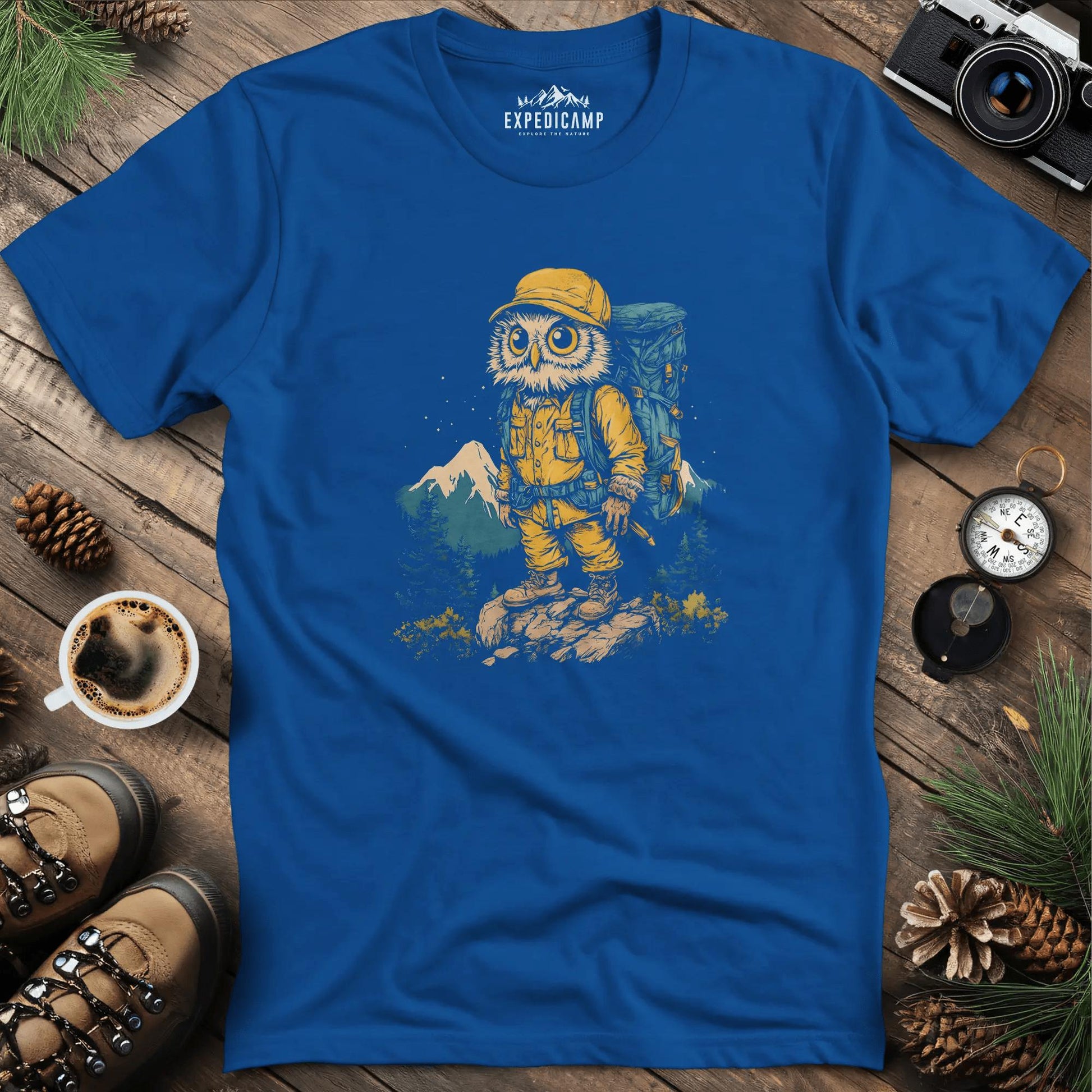 Hiking Owl T-Shirt – Wise Owl Mountain Adventure Graphic Tee – Royal – Outdoor apparel for travel, hiking, camping, and nature lovers – ExpediCamp