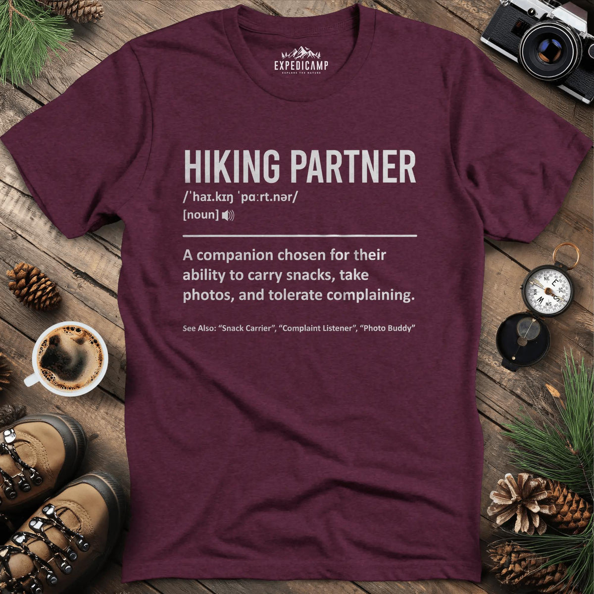 Hiking Partner Definition T-Shirt – Heather Maroon – Outdoor apparel for travel, hiking, camping, and nature lovers – ExpediCamp