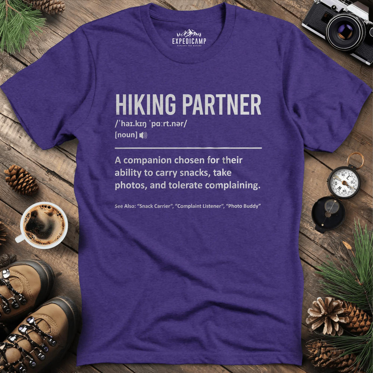 Hiking Partner Definition T-Shirt – Heather Purple – Outdoor apparel for travel, hiking, camping, and nature lovers – ExpediCamp