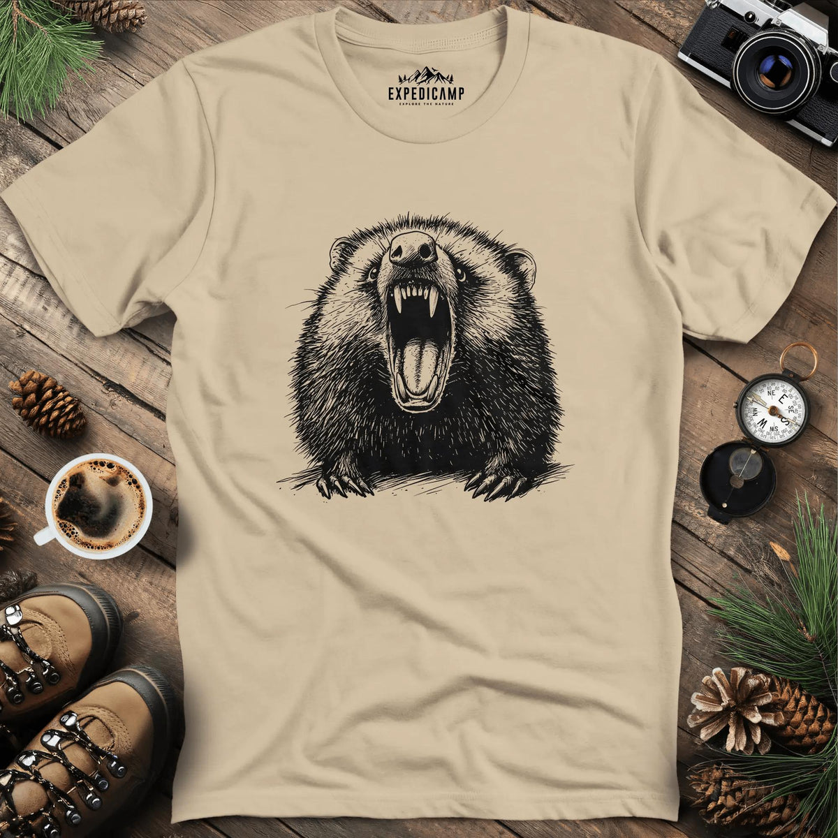 Hissing Opossum T-Shirt – Sand – Outdoor apparel for travel, hiking, camping, and nature lovers – ExpediCamp