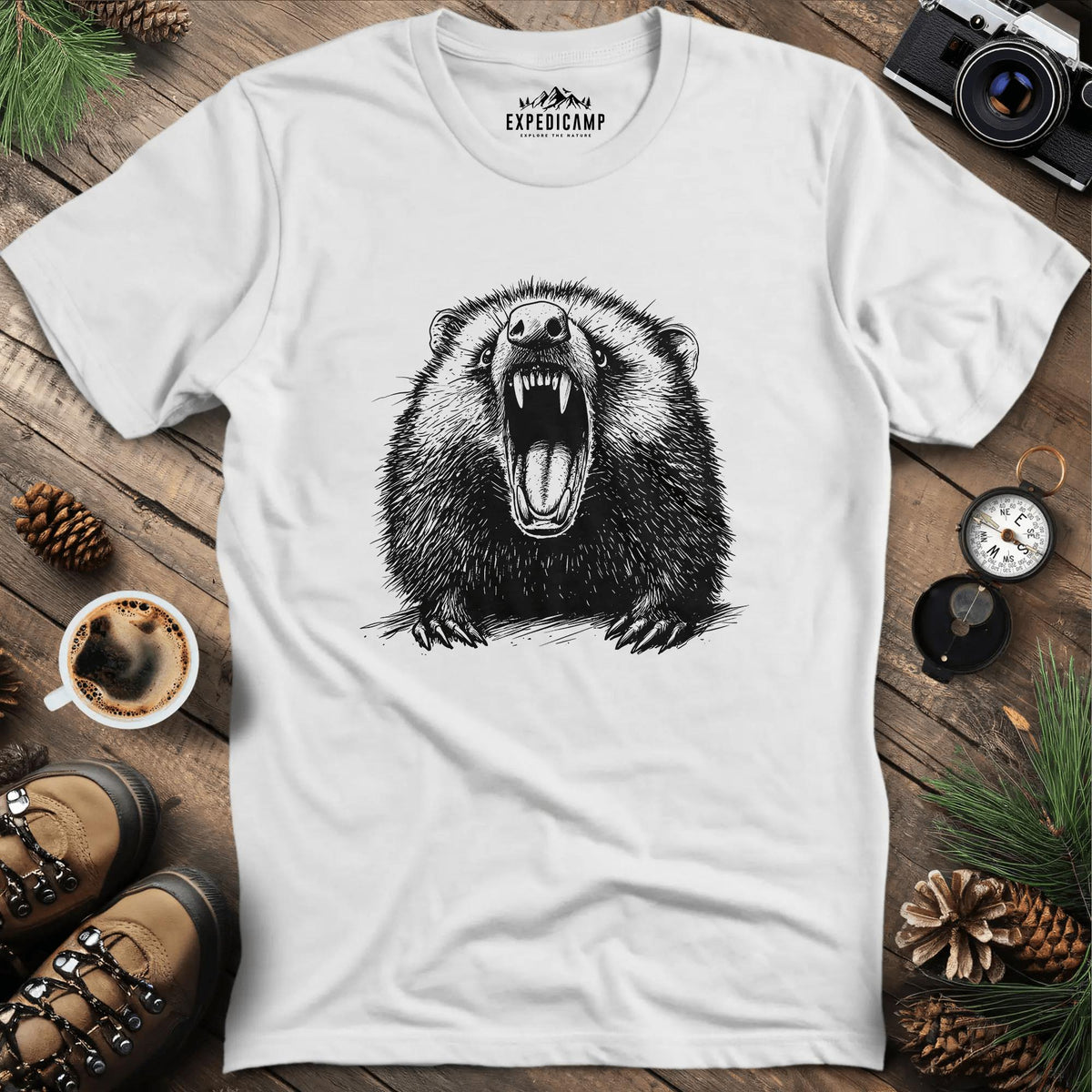 Hissing Opossum T-Shirt – White – Outdoor apparel for travel, hiking, camping, and nature lovers – ExpediCamp