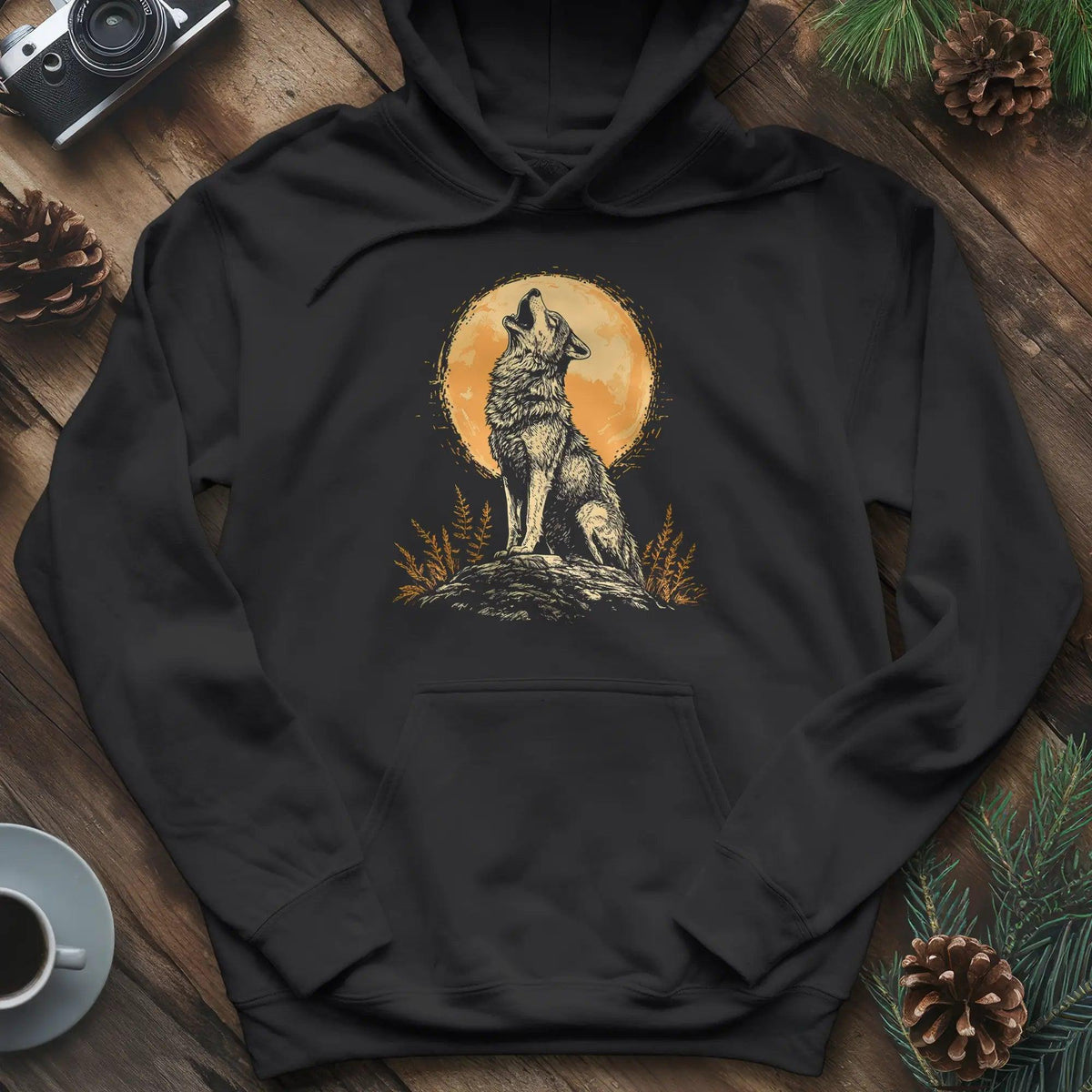Howling Wolf Under the Moon Hoodie – Black – Outdoor apparel for travel, hiking, camping, and nature lovers – ExpediCamp