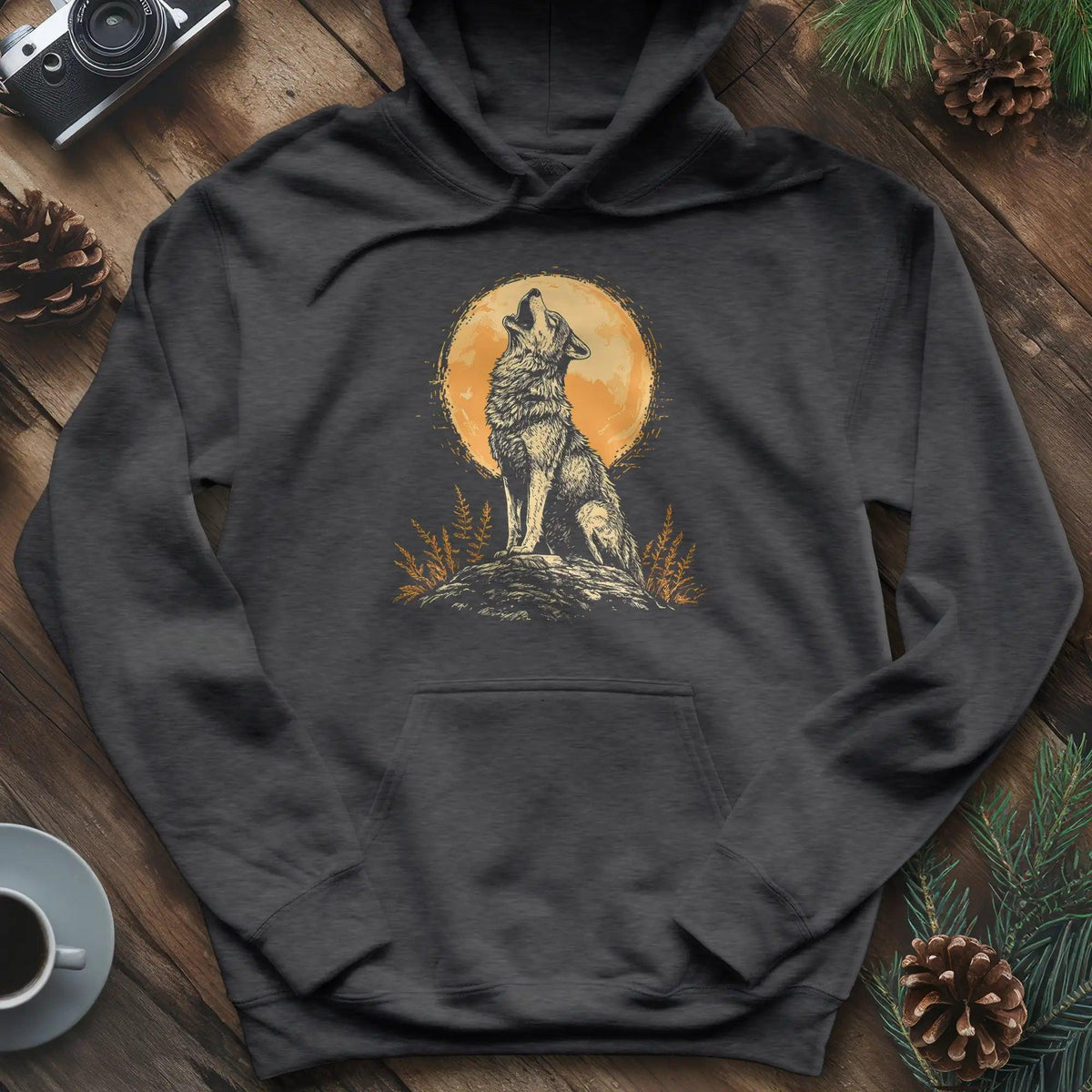 Howling Wolf Under the Moon Hoodie – Dark Heather – Outdoor apparel for travel, hiking, camping, and nature lovers – ExpediCamp
