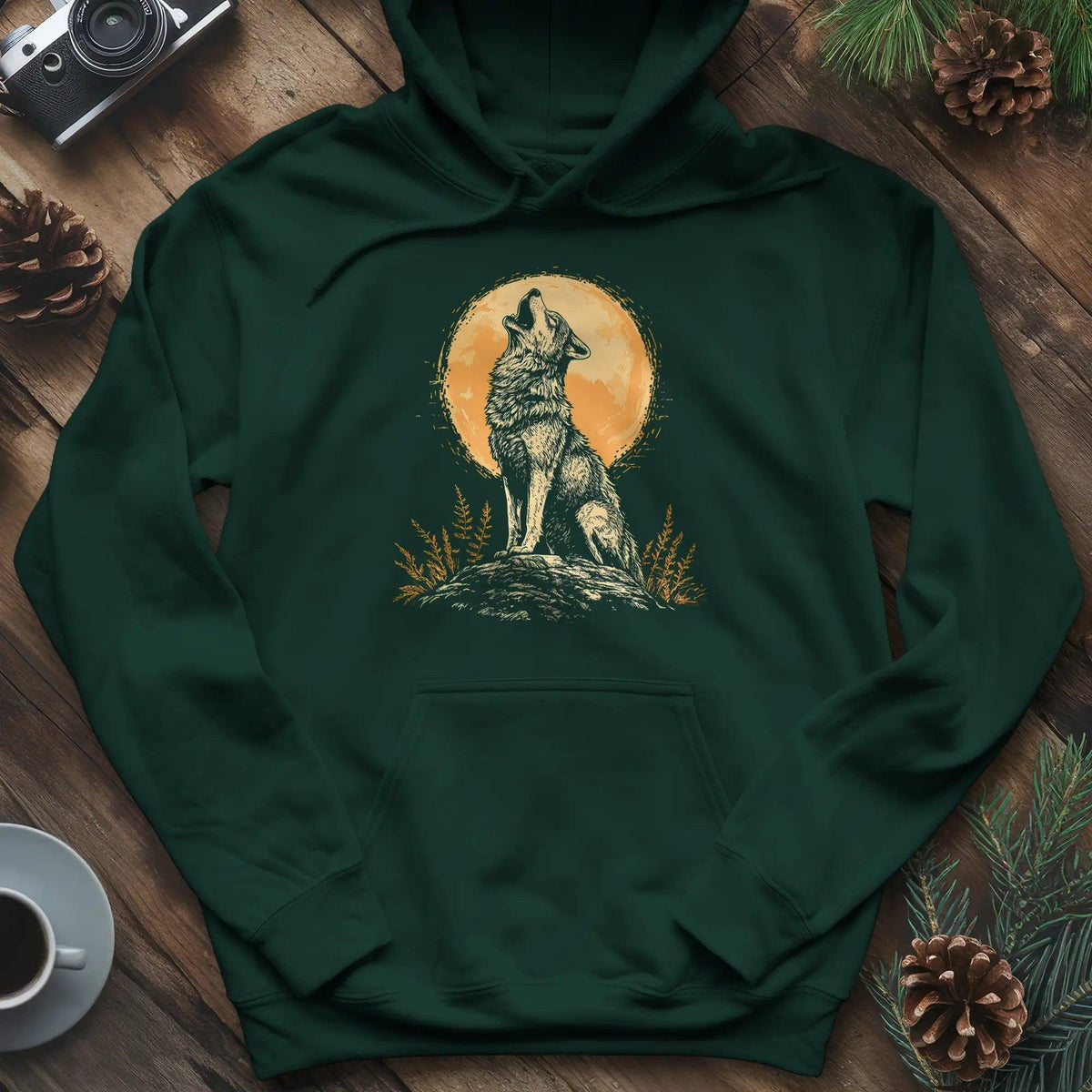 Howling Wolf Under the Moon Hoodie – Forest Green – Outdoor apparel for travel, hiking, camping, and nature lovers – ExpediCamp