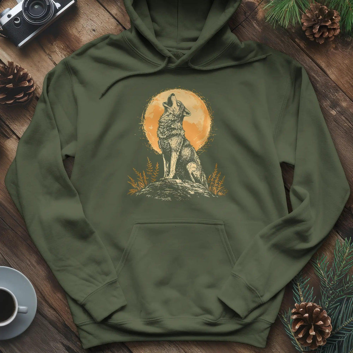 Howling Wolf Under the Moon Hoodie – Military Green – Outdoor apparel for travel, hiking, camping, and nature lovers – ExpediCamp