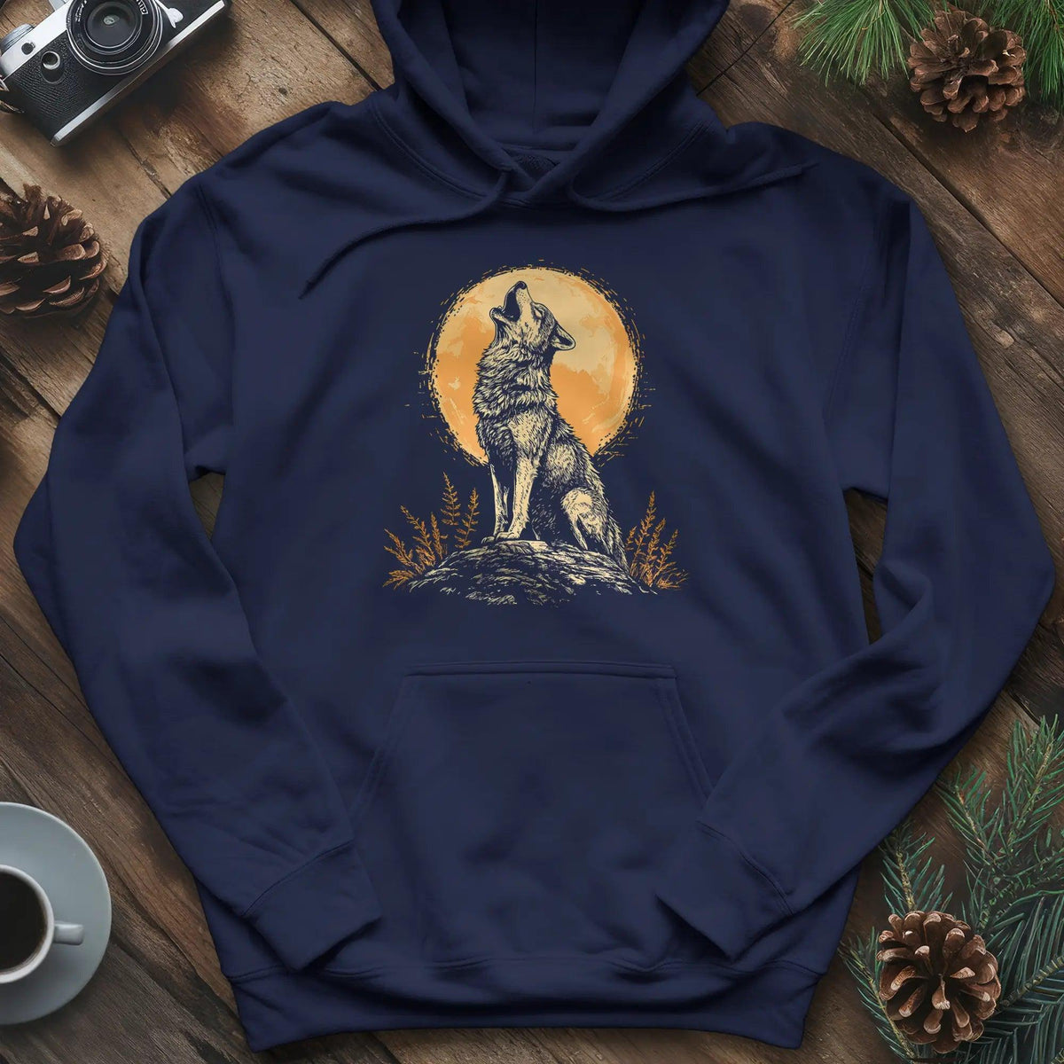 Howling Wolf Under the Moon Hoodie – Navy – Outdoor apparel for travel, hiking, camping, and nature lovers – ExpediCamp