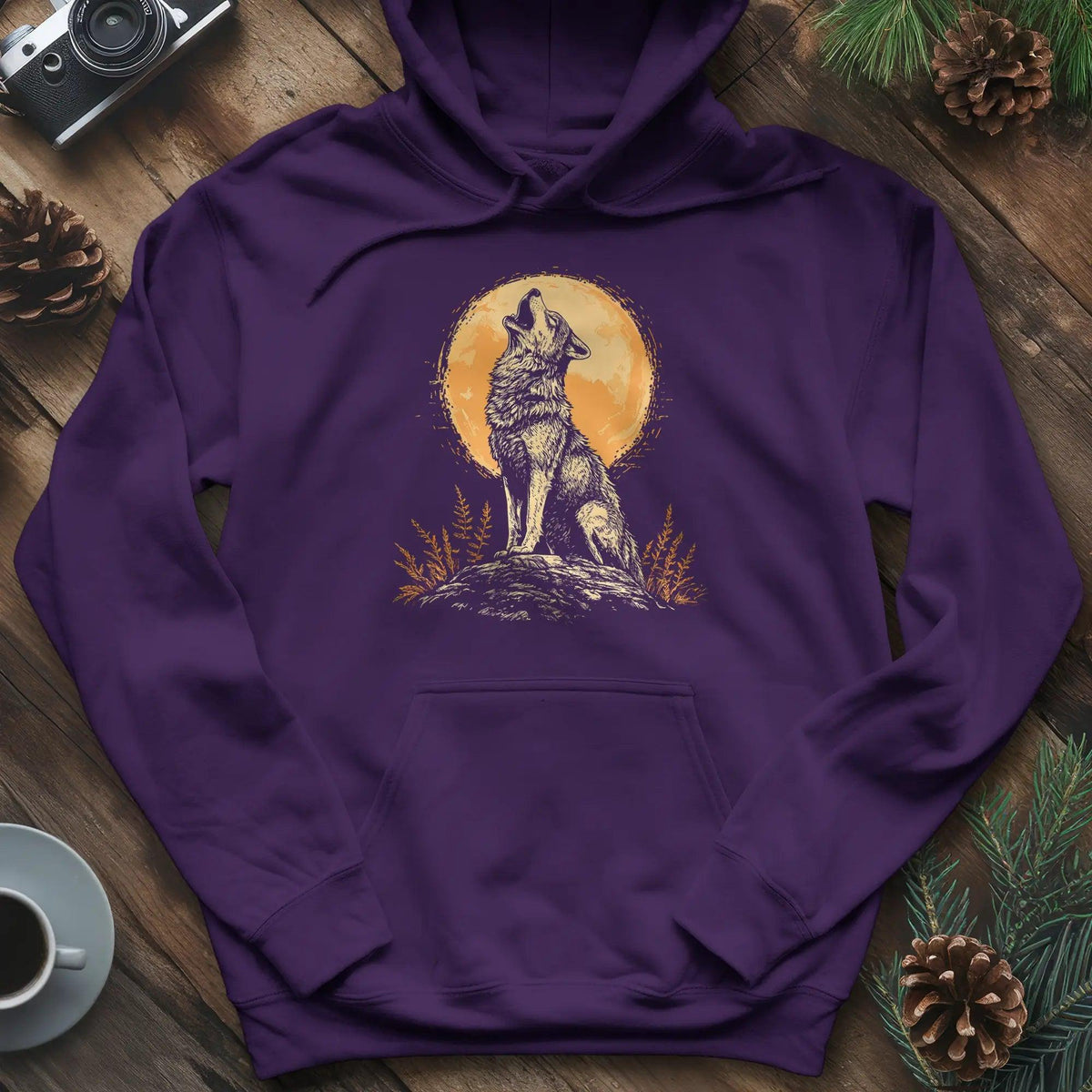 Howling Wolf Under the Moon Hoodie – Purple – Outdoor apparel for travel, hiking, camping, and nature lovers – ExpediCamp