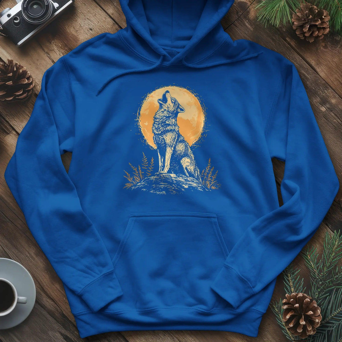 Howling Wolf Under the Moon Hoodie – Royal – Outdoor apparel for travel, hiking, camping, and nature lovers – ExpediCamp