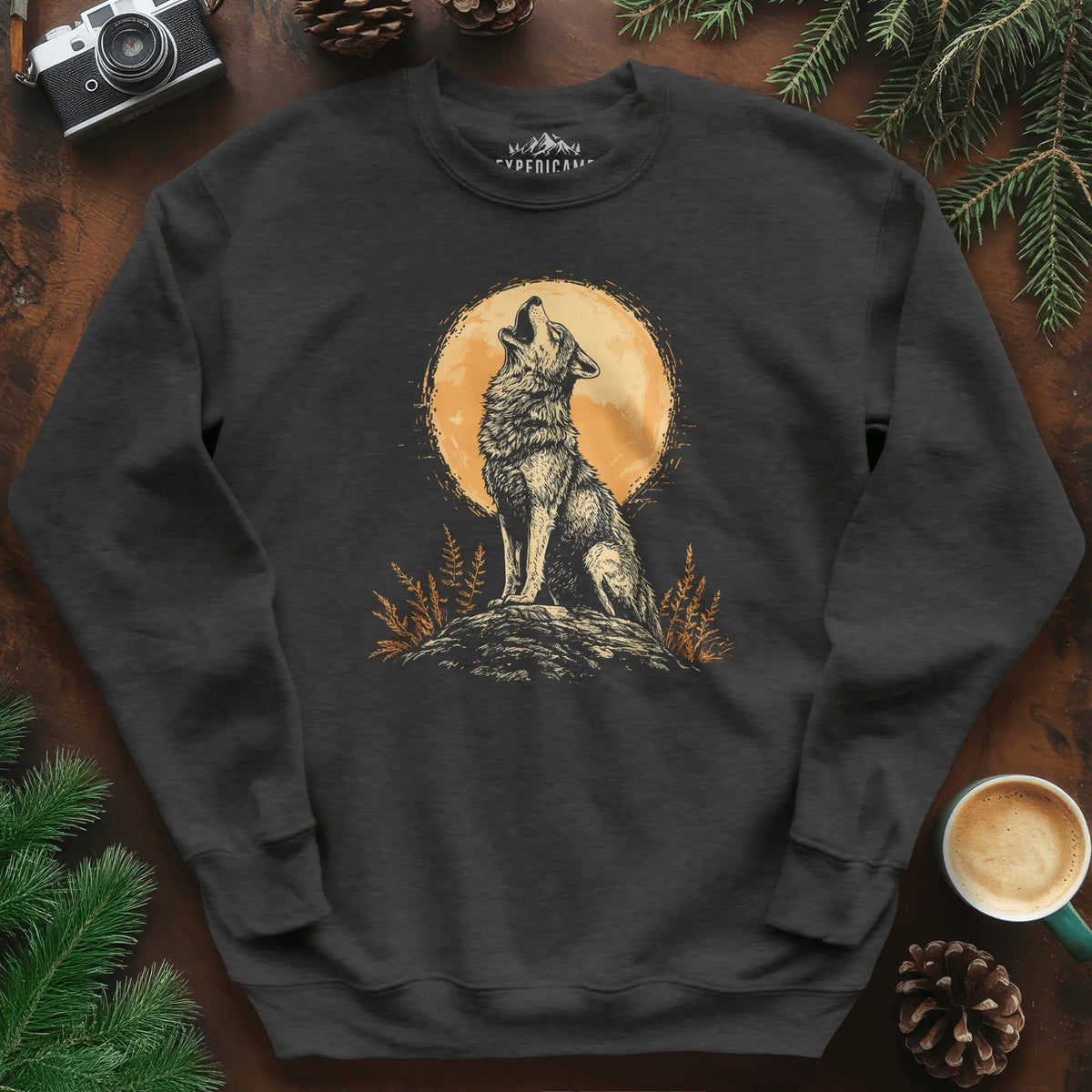 Howling Wolf Under the Moon Sweatshirt – Dark Heather – Outdoor apparel for travel, hiking, camping, and nature lovers – ExpediCamp