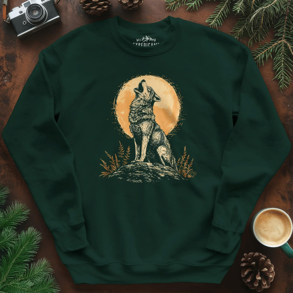 Howling Wolf Under the Moon Sweatshirt – Forest Green – Outdoor apparel for travel, hiking, camping, and nature lovers – ExpediCamp