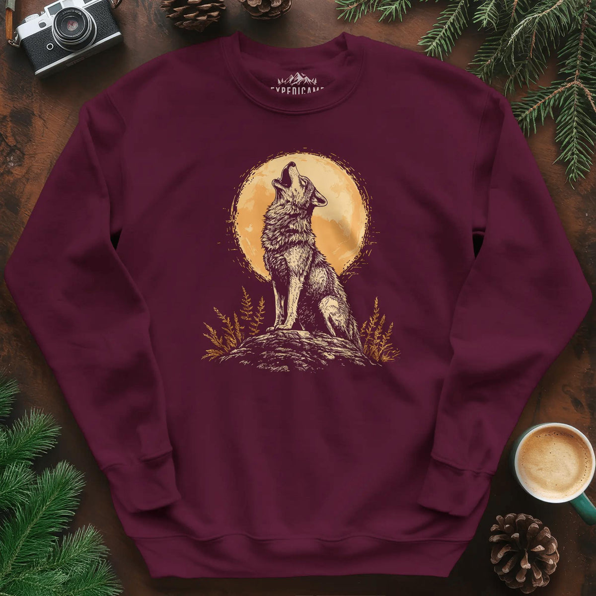 Howling Wolf Under the Moon Sweatshirt – Maroon – Outdoor apparel for travel, hiking, camping, and nature lovers – ExpediCamp