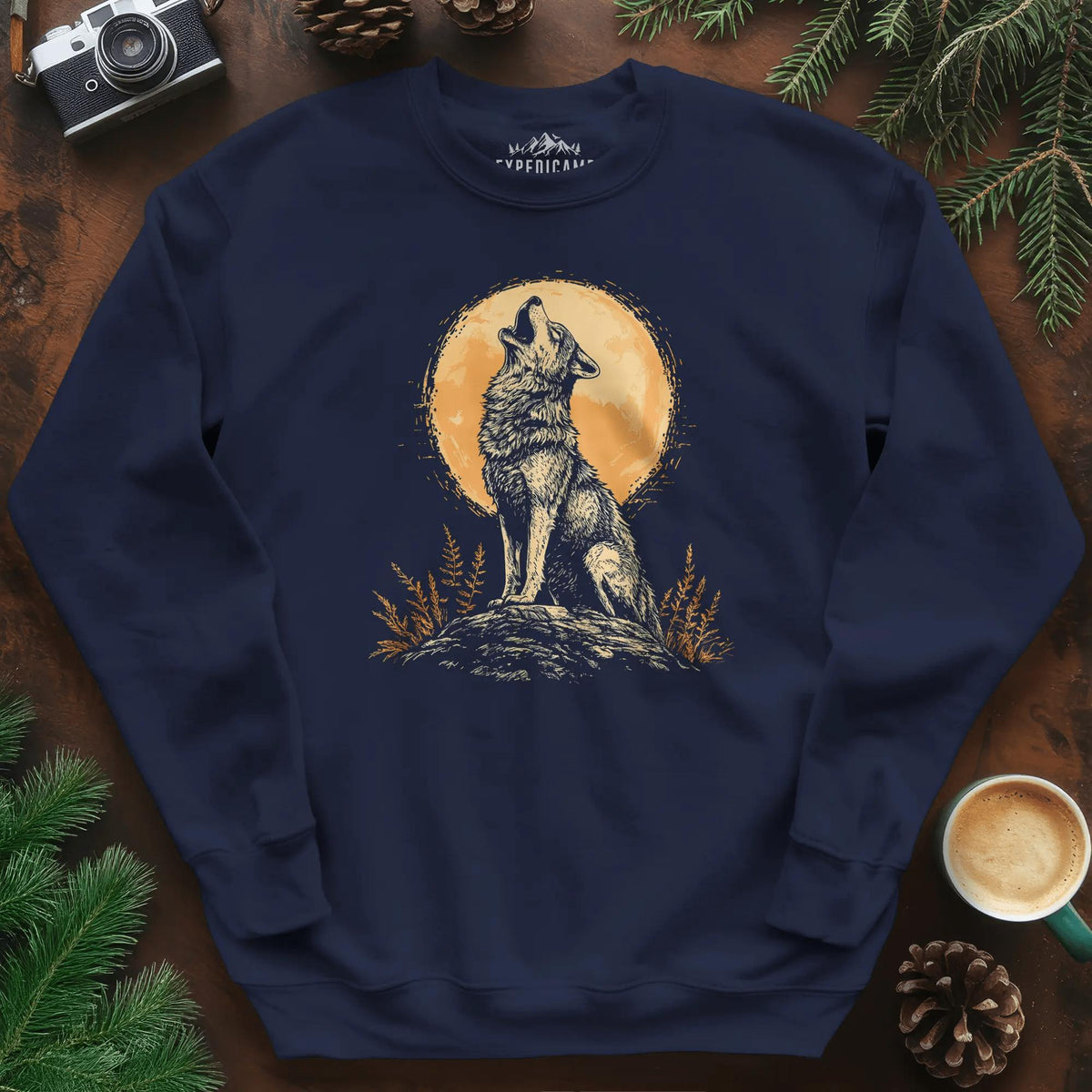 Howling Wolf Under the Moon Sweatshirt – Navy – Outdoor apparel for travel, hiking, camping, and nature lovers – ExpediCamp
