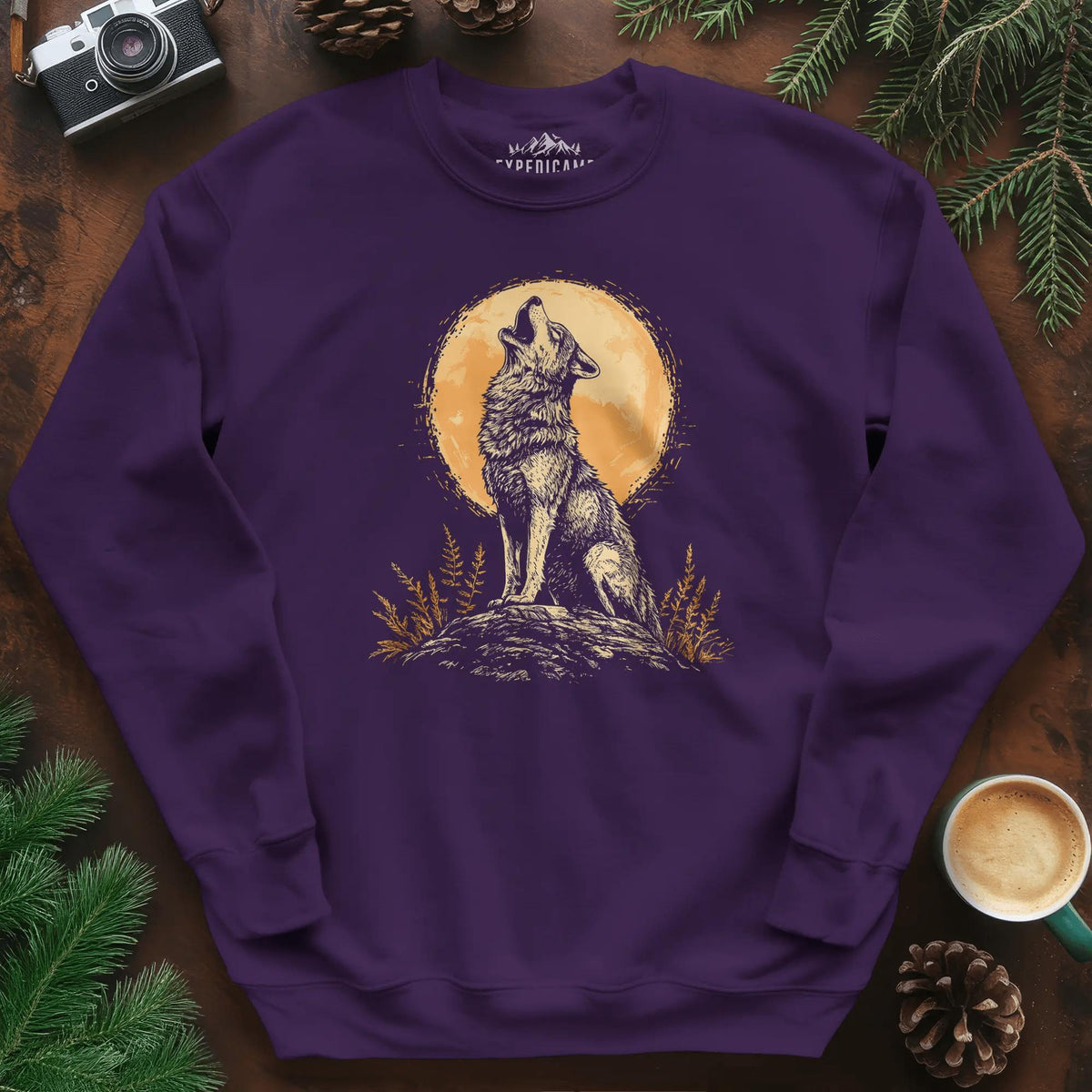 Howling Wolf Under the Moon Sweatshirt – Purple – Outdoor apparel for travel, hiking, camping, and nature lovers – ExpediCamp