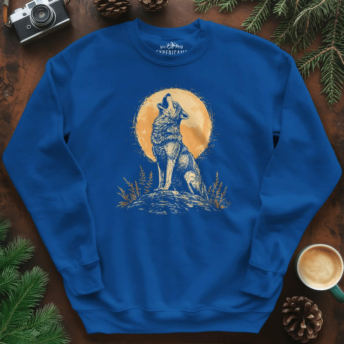 Howling Wolf Under the Moon Sweatshirt – Royal – Outdoor apparel for travel, hiking, camping, and nature lovers – ExpediCamp