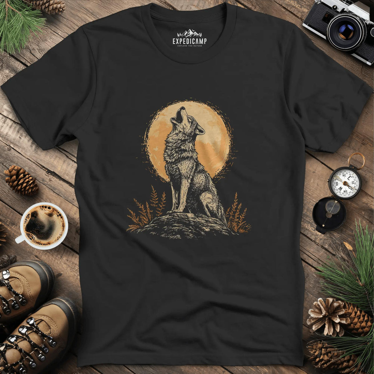 Howling Wolf Under the Moon T-Shirt – Black – Outdoor apparel for travel, hiking, camping, and nature lovers – ExpediCamp