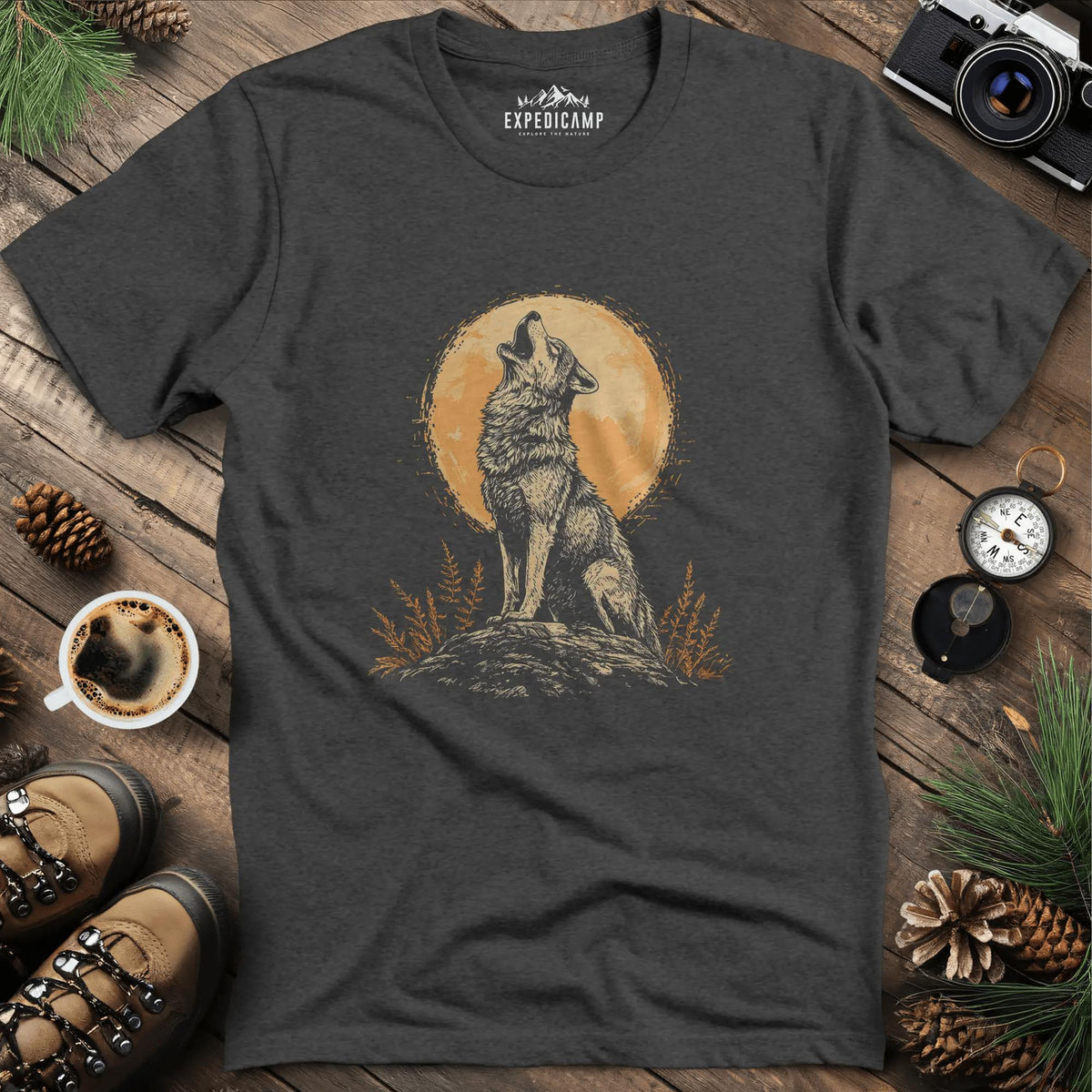 Howling Wolf Under the Moon T-Shirt – Dark Heather – Outdoor apparel for travel, hiking, camping, and nature lovers – ExpediCamp