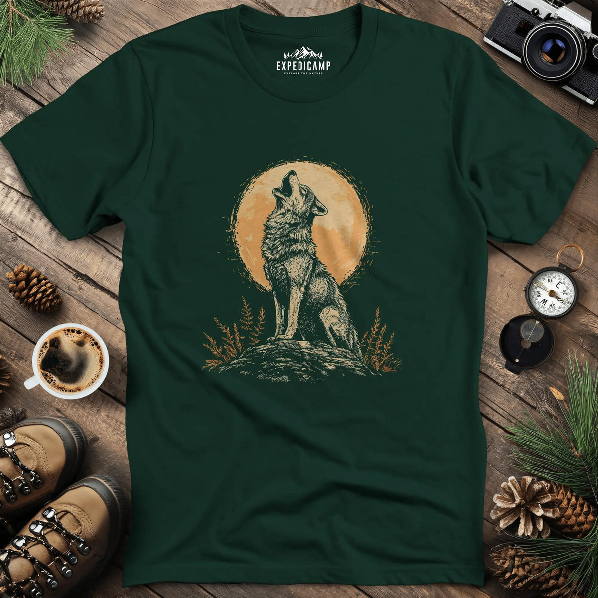 Howling Wolf Under the Moon T-Shirt – Forest Green – Outdoor apparel for travel, hiking, camping, and nature lovers – ExpediCamp