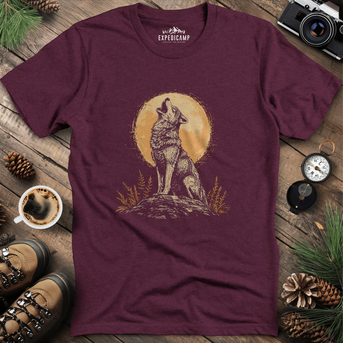 Howling Wolf Under the Moon T-Shirt – Heather Maroon – Outdoor apparel for travel, hiking, camping, and nature lovers – ExpediCamp