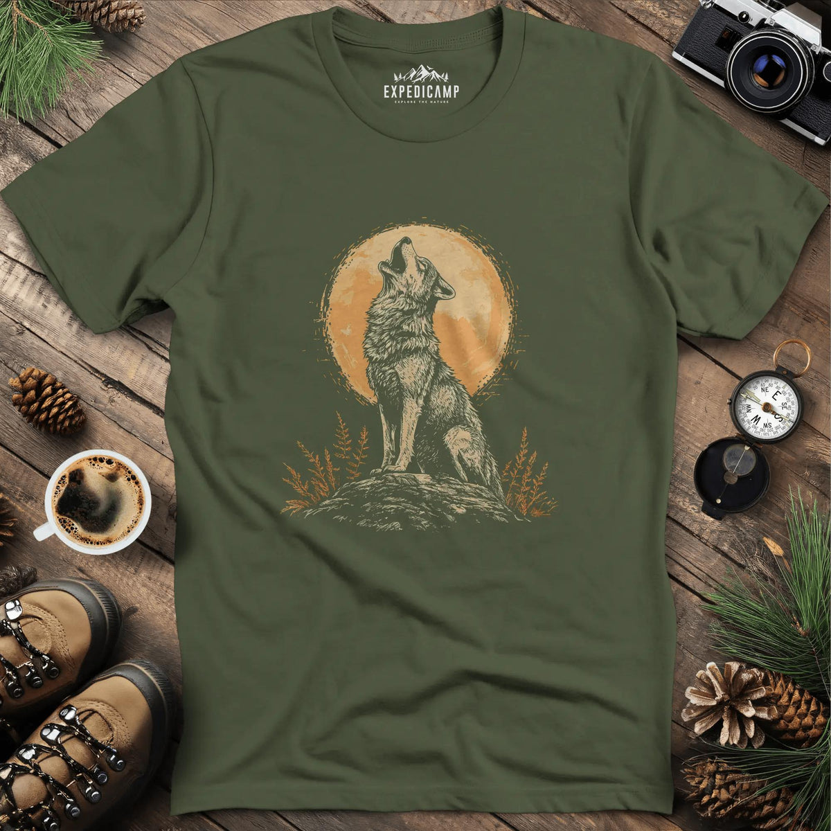 Howling Wolf Under the Moon T-Shirt – Military Green – Outdoor apparel for travel, hiking, camping, and nature lovers – ExpediCamp